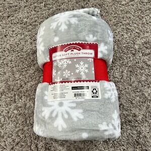 Holiday Time Super Soft Plush Throw Grey White Snowflake Blanket 50x60 NEW‎